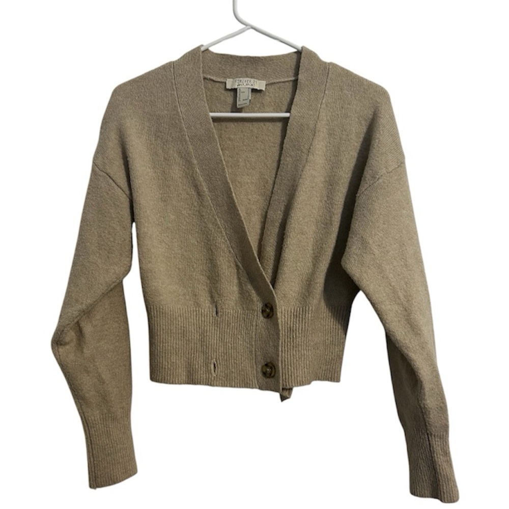 Forever 21 Tan Button-Up Women's Cardigan Deep V-Neck Comfy & Cozy Cropped